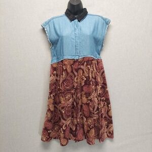 Mixed Media Patchwork Tunic Womens‎ M Boho Whimsigoth Paisley Corduroy Raw Hem
